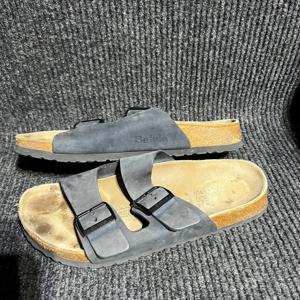 Betula Birkenstock Sandals Mens 40 L9 M7 Black Two Strap Slide Cork Footbed